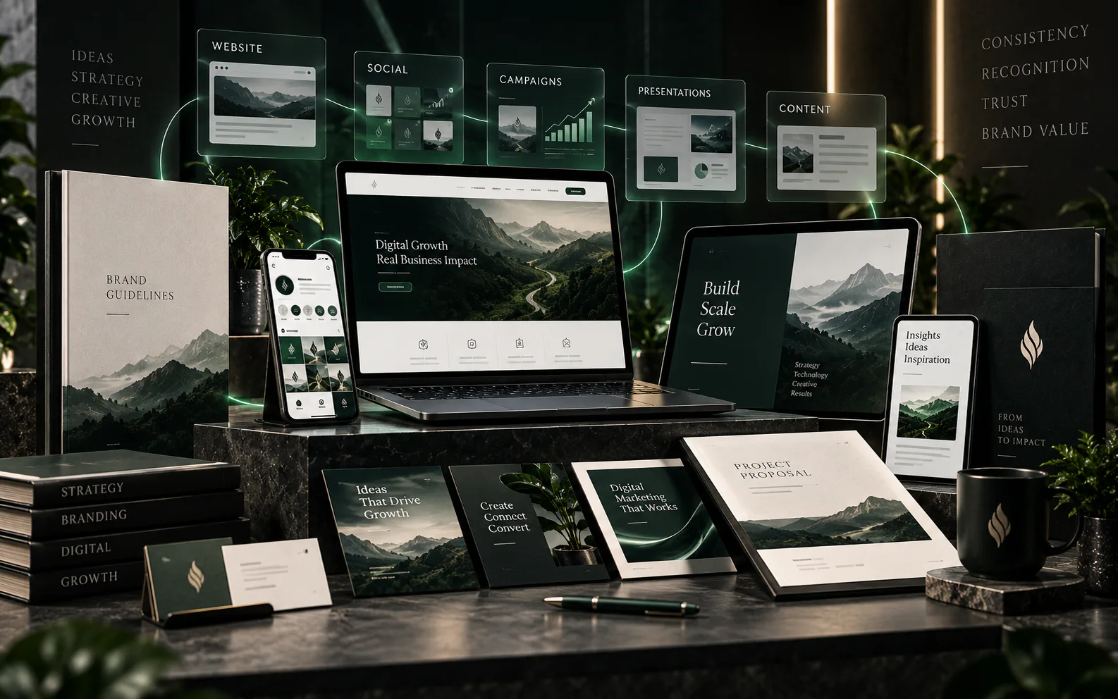 Brand collateral library — decks, templates, stationery and device mockups laid out together
