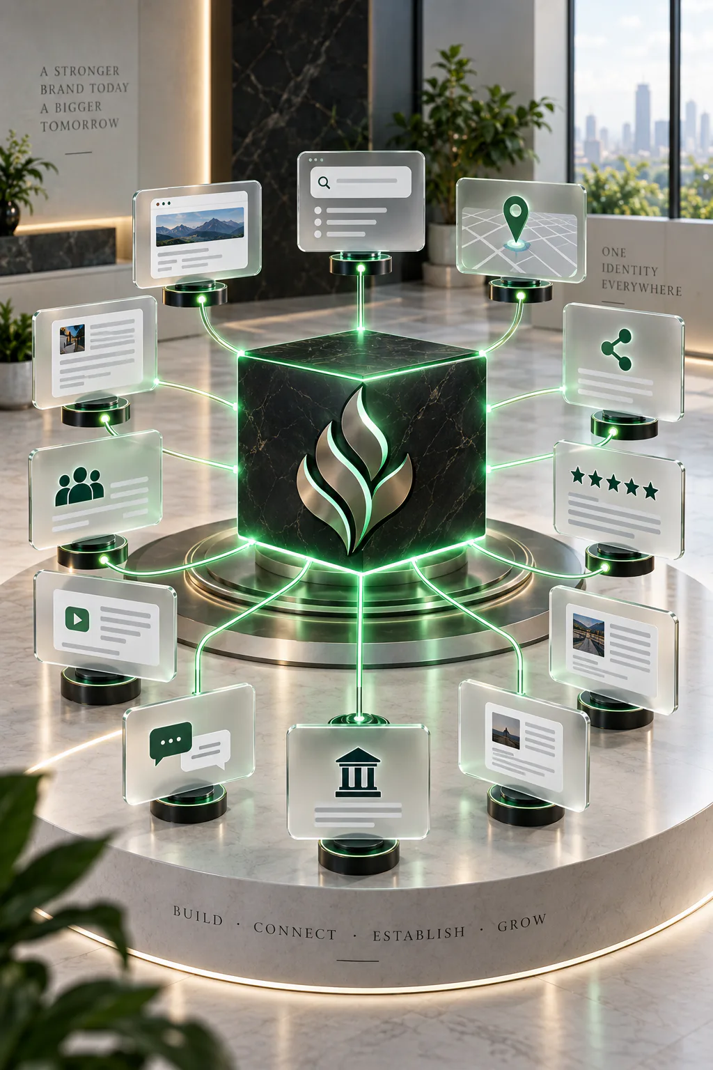 Brand mark at the centre of a connected system of profiles, listings and reviews