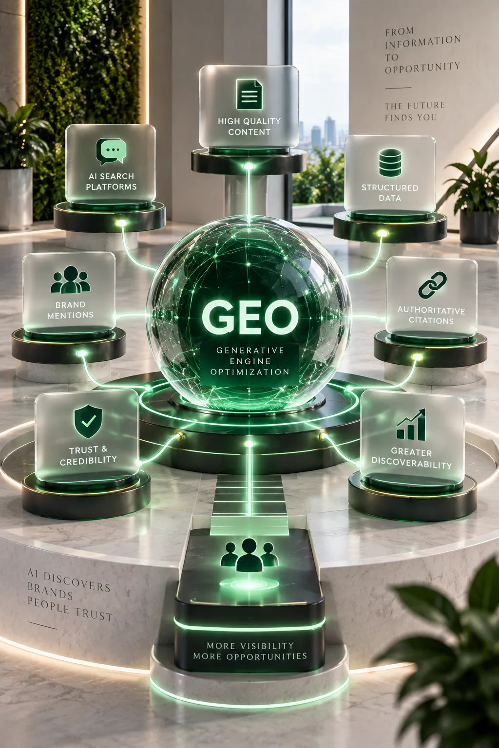 GEO sphere ringed by citation, entity data and AI answer signals