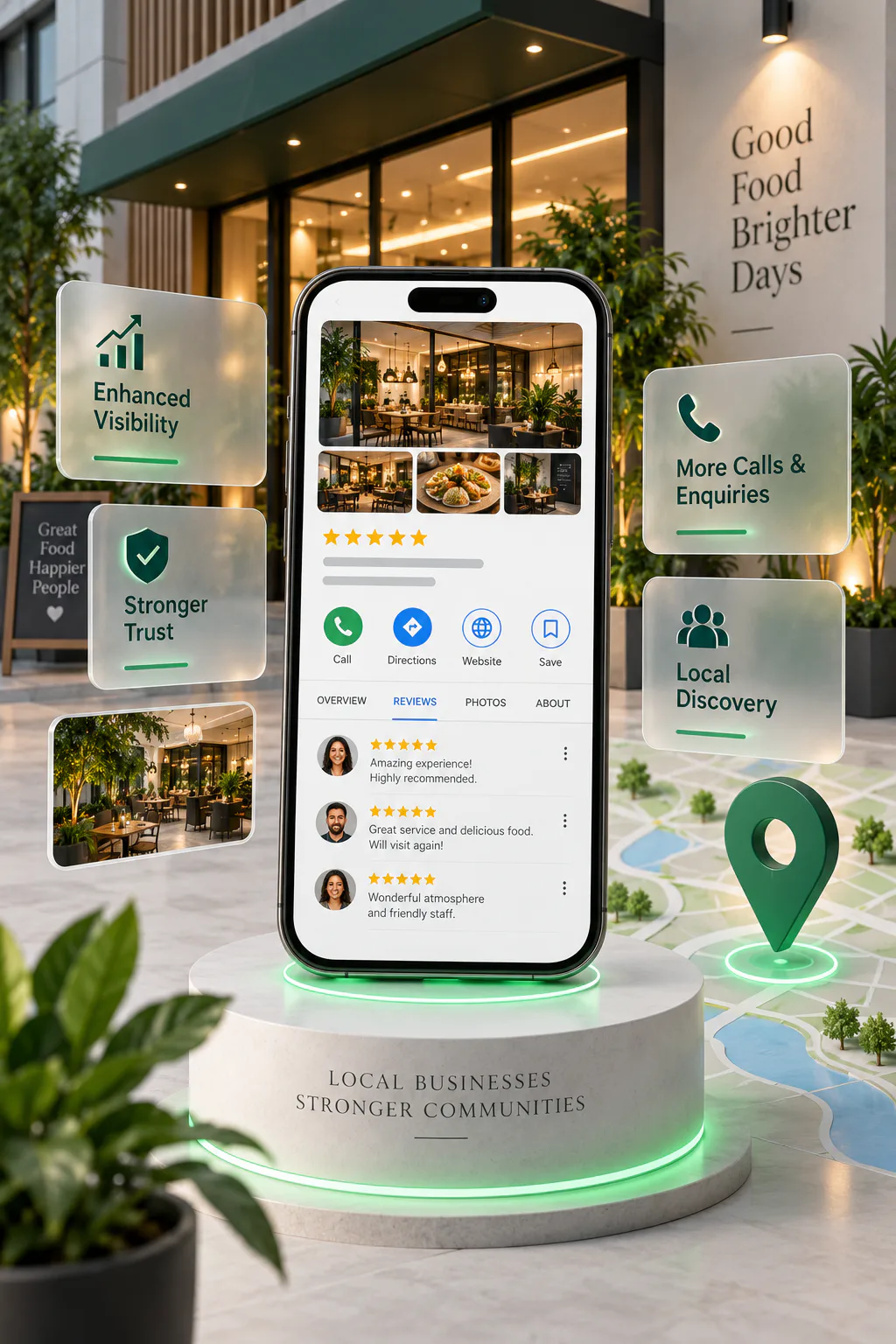 Google Business Profile on a phone surrounded by reviews, calls and local discovery cards
