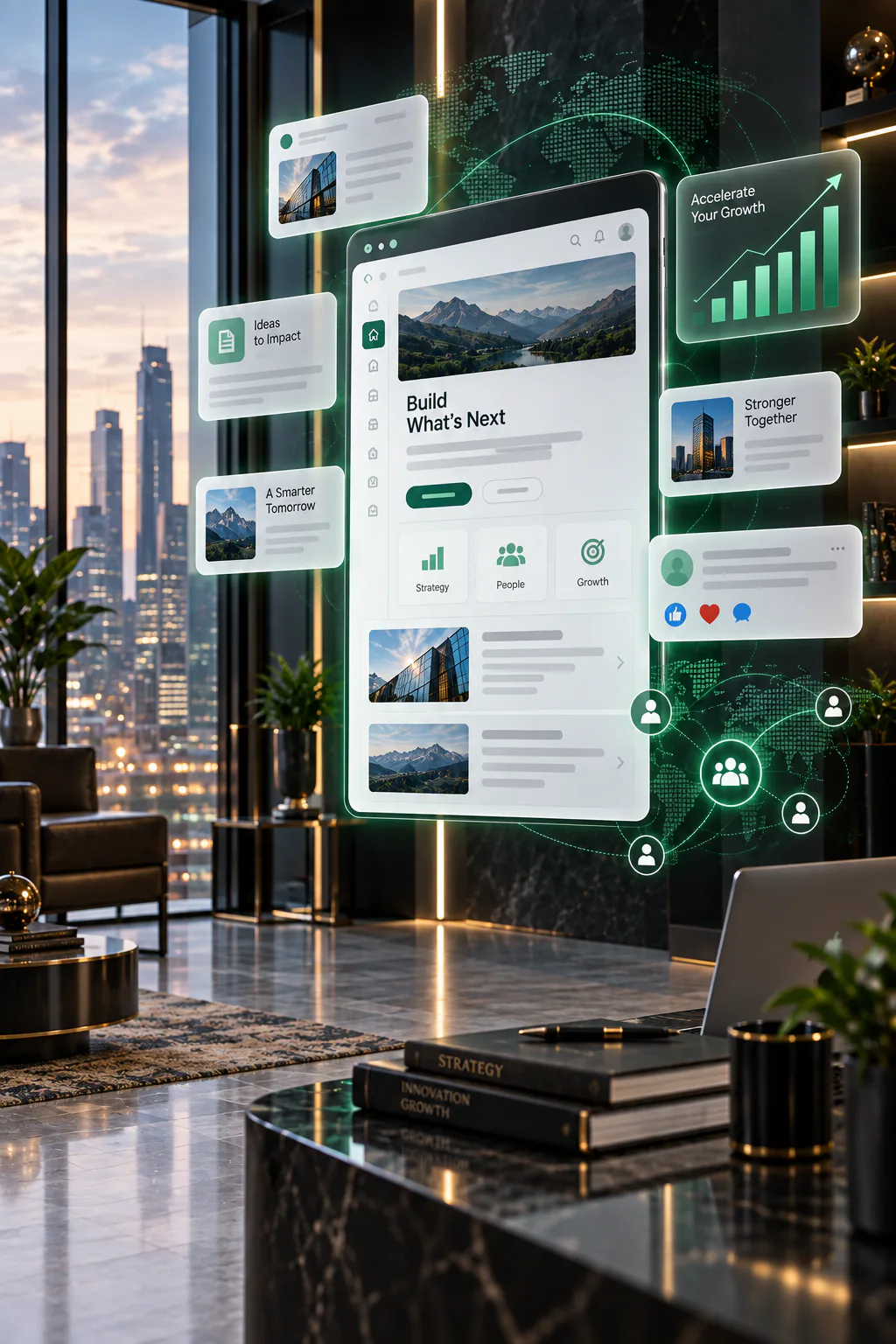 Professional profile and post feed on a tablet, with engagement and growth panels around it