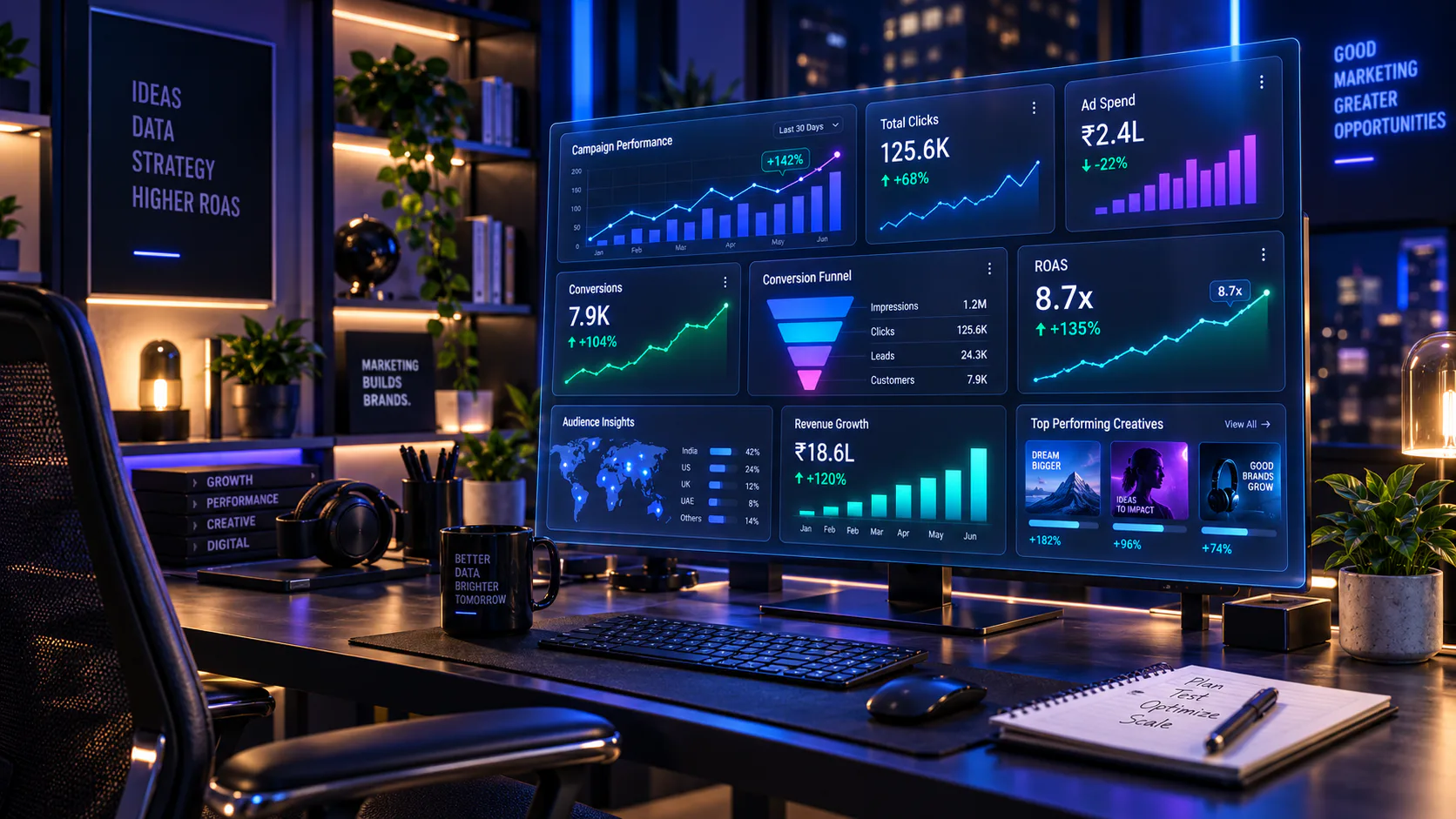Campaign dashboards showing performance, conversions, funnel and revenue growth